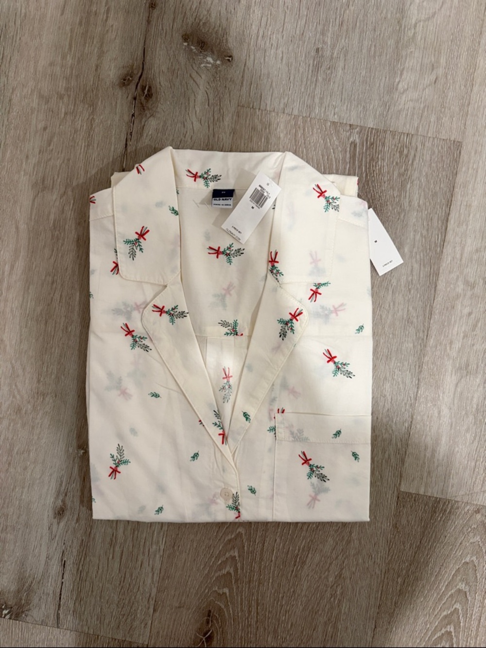 Old Navy Cream Poplin PJ Shirt and Pants with Red & Green Holiday Sprigs